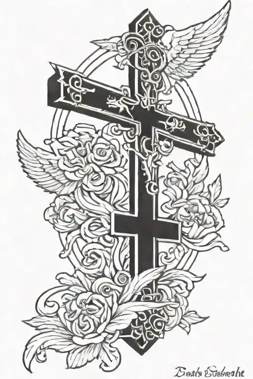 catholic cross with angels flying tattoo design idea