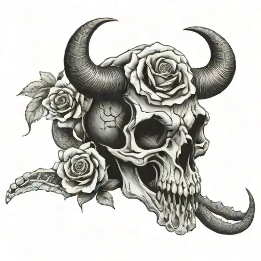 A bison skull through which a snake crawls and a rose snake passes through tattoo design idea