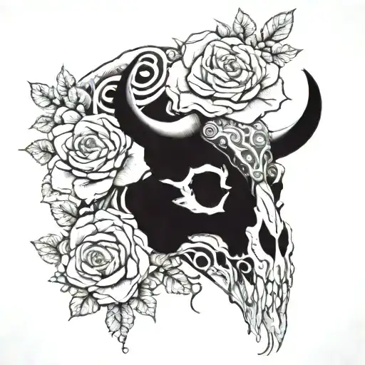 A bison skull with a snake running through it and a couple of roses tattoo design idea