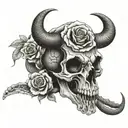 A bison skull through which a snake crawls and a rose snake passes through tattoo design idea
