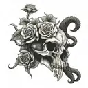 A bison skull through which a snake crawls and a rose snake passes through tattoo design idea