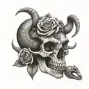 A bison skull through which a snake crawls and a rose snake passes through tattoo design idea