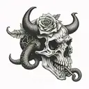 A bison skull through which a snake crawls and a rose snake passes through tattoo design idea