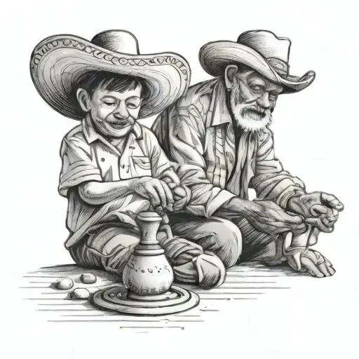 grandfather teaching how to play Mexican spinning top to his grandson tattoo design idea