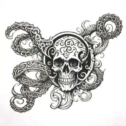 armband tattoo sculll, 2 rings and tentacles tattoo design idea