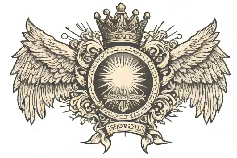 a crown between spread angel wings with sun rays  tattoo design idea