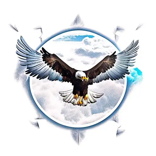 Eagle holding a joint, while enjoying the clouds and loving the sun. with spread wings tattoo design idea
