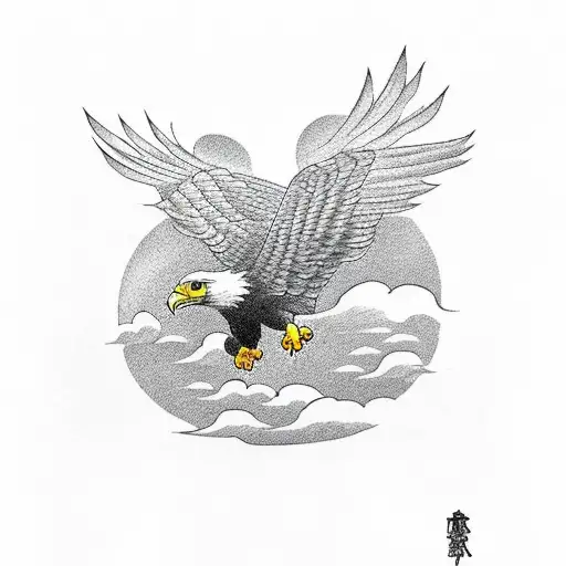 Eagle holding a joint, while enjoying the clouds and loving the sun. with spread wings tattoo design idea