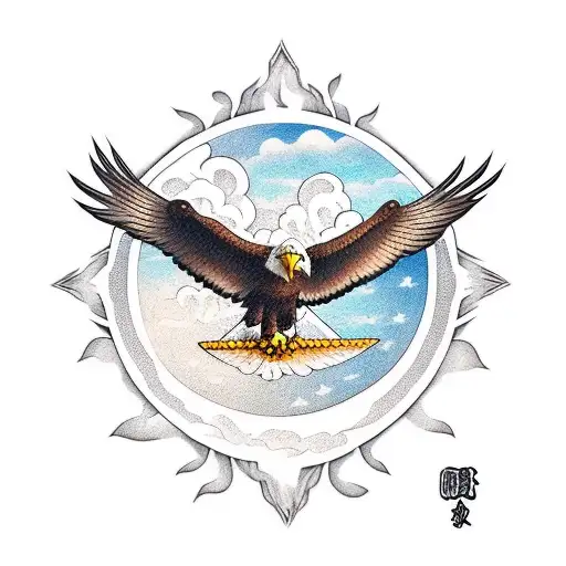 Eagle holding a joint, while enjoying the clouds and loving the sun. with spread wings tattoo design idea