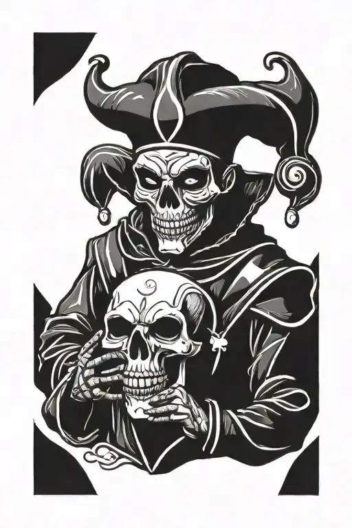 a simple full body court jester with a skull for a face juggling happy and sad drama masks  tattoo design idea