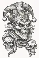 a court jester with a skull for a face juggling happy and sad drama masks  tattoo design idea