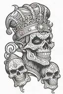 a court jester with a skull for a face juggling happy and sad drama masks  tattoo design idea