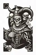 a simple full body court jester with a skull for a face juggling happy and sad drama masks  tattoo design idea