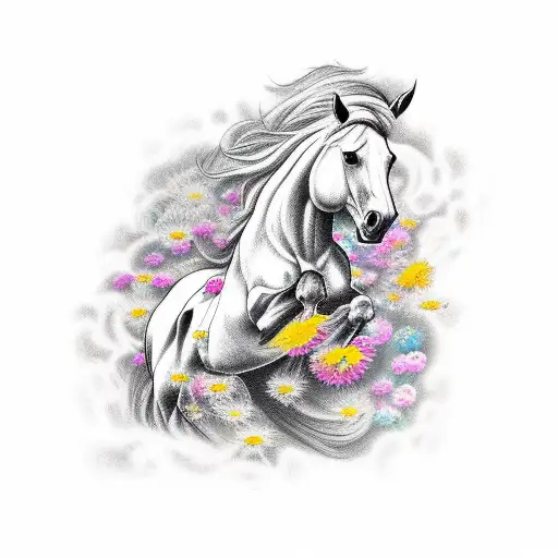  tattoo of a mustang horse galloping through a field of flowers with hair spread on wind tattoo design idea