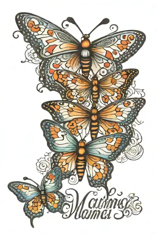 3 small butterflies  with the name mama Sarah somewhere by them tattoo design idea