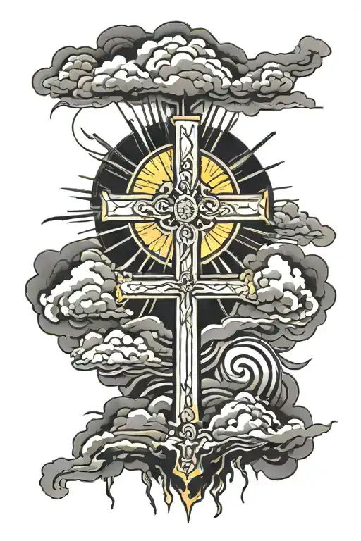 storm clouds with a cross and sun behind it tattoo design idea