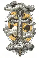 storm clouds with a cross and sun behind it tattoo design idea