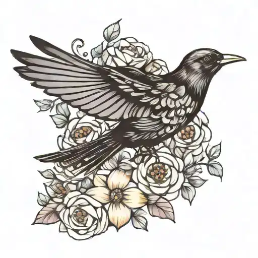 Blackbird flying with flowers tattoo design idea
