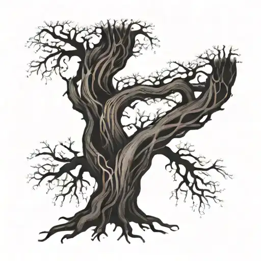 A tattoo design of two intertwined trees, symbolizing the roots of a strong emotional connection between twin flames tattoo design idea