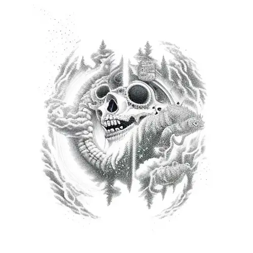 niño entrando en portal del tiempo lleno de tormentas. seguidamente hombre saliendo de pirtal del tiempo con sol y feliz tattoo design idea