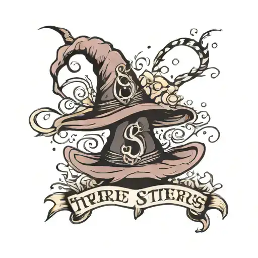 witches hat with text reading "three sisters R" tattoo design idea