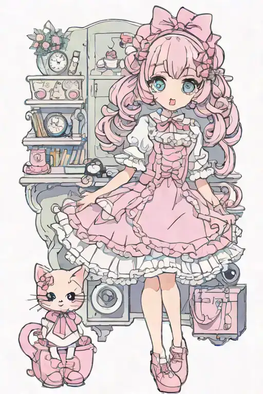doll, kawaii, cute, fantasy dress, lolita, sexy, pretty face with big cute eyes, pink dress, pink shoes, pink hair tattoo design idea