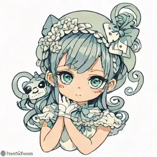 doll, kawaii, cute, fantasy cute dress, lolita, sexy, Childish, pretty face with big cute eyes tattoo design idea