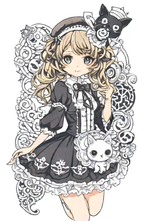 doll, kawaii, cute, fantasy cute dress, lolita, sexy, pretty face with big cute eyes tattoo design idea