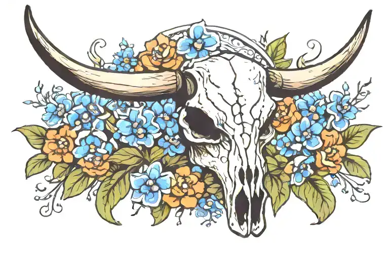 longhorn skull with bluebonnets   tattoo design idea