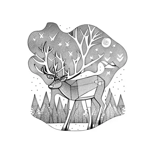 Forest with night sky and deer tattoo design idea