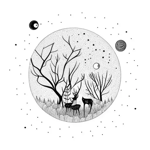 Forest with night sky and deer tattoo design idea