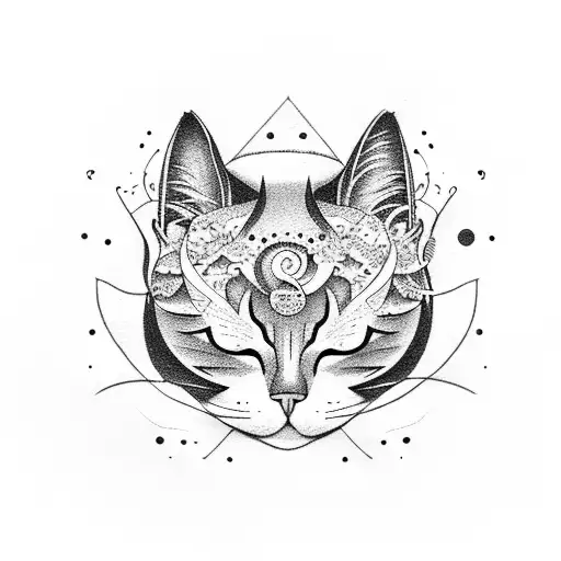 A whimsical design of a black and white cat sleeping on a zen garden tattoo design idea