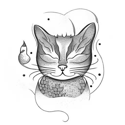 A whimsical design of a black and white cat sleeping in a zen garden with a pond and coi fish and water lily  tattoo design idea
