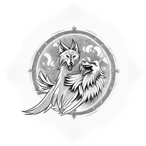 Phoenix and wolf in a circle  tattoo design idea