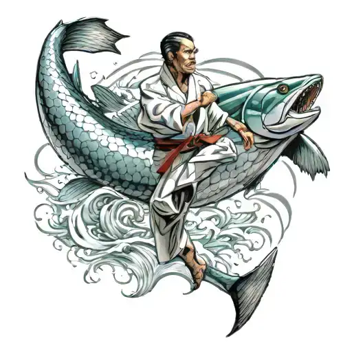 A karate master fighting off a giant salmon in a dynamic action pose tattoo design idea