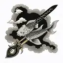 sword, koi fish, japanese, clouds surrounding tattoo design idea