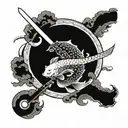 sword, koi fish, japanese, clouds surrounding tattoo design idea