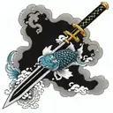 sword, koi fish, japanese, clouds surrounding tattoo design idea