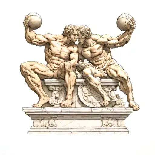Discobolus, The Thinker, and Atlas sculptures and statues sitting back to back on a Marble Roman Architecture platform tattoo design idea