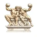 Discobolus, The Thinker, and Atlas sculptures and statues sitting back to back on a Marble Roman Architecture platform tattoo design idea