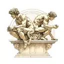 Discobolus, The Thinker, and Atlas sculptures and statues sitting back to back on a Marble Roman Architecture platform tattoo design idea