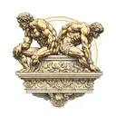 Discobolus, The Thinker, and Atlas sculptures and statues sitting back to back on a Marble Roman Architecture platform tattoo design idea