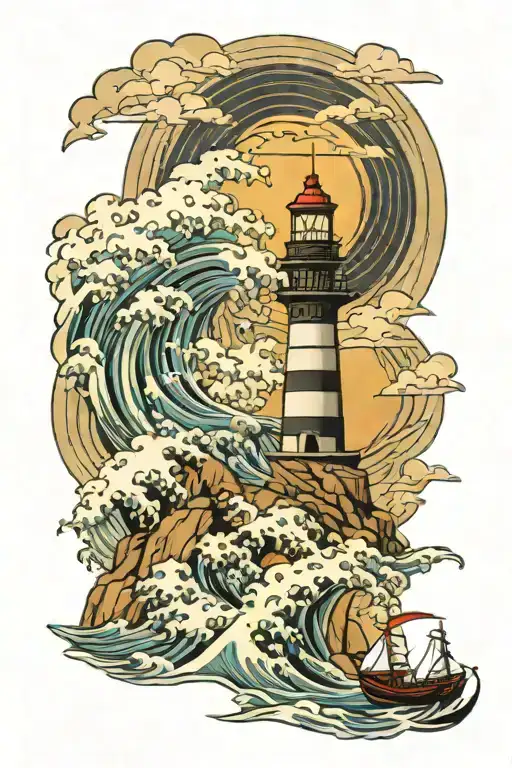 waves and lighthouse on Rock, stormy clouds, sun, sailing boat tattoo design idea