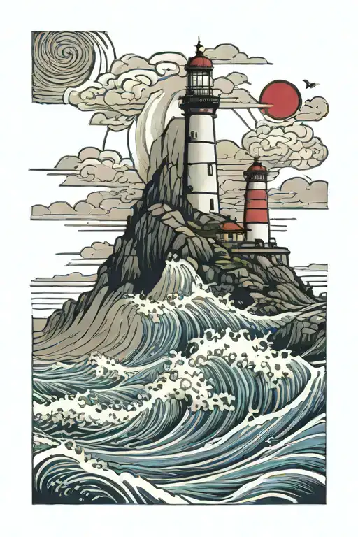 waves and lighthouse on Rocks and stormy clouds and sun tattoo design idea