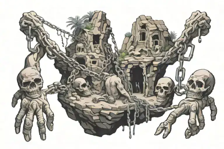 Create a tattoo on the inner bicep of Inside the cave, place several prisoners chained so they can only look at the cave tattoo design idea