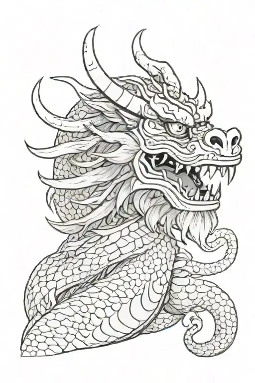 a fighter mask slightly turned to the side and being surrounded by a Chinese dragon  tattoo design idea