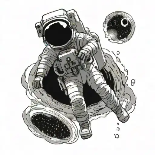 An astronaut floating in space taking a picture of a black hole tattoo design idea