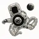 An astronaut floating in space taking a picture of a black hole tattoo design idea