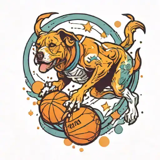 Colorful dog space basketball player dunking tattoo design idea