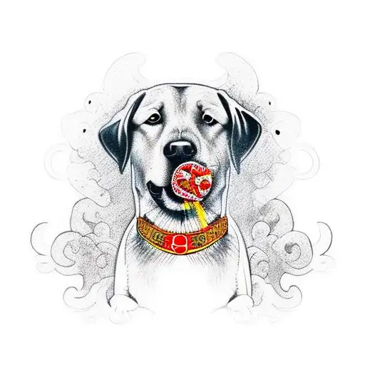 A labrador dog wearing a Galatasaray jersey and holding a joint tattoo design idea